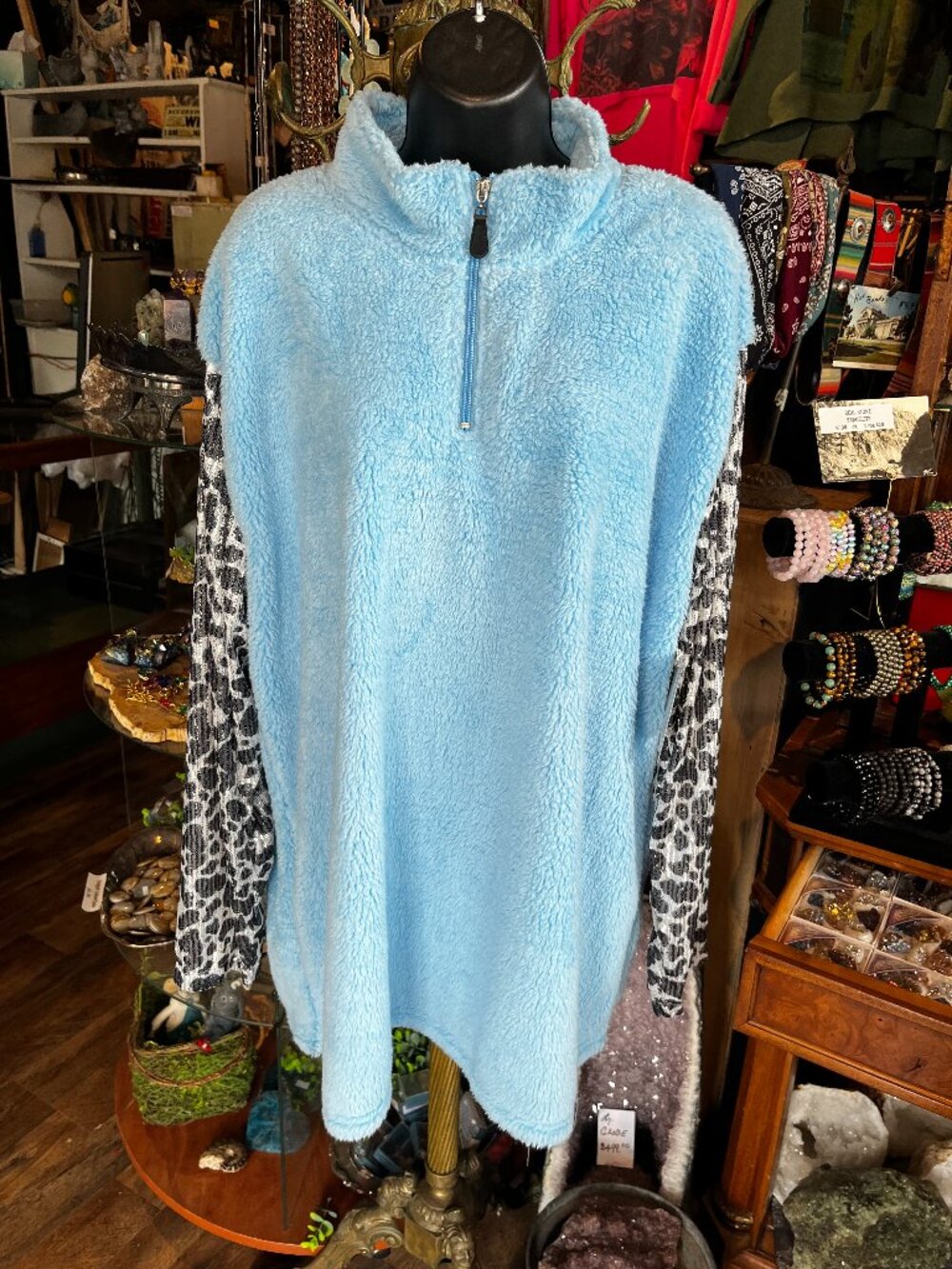 Lucky & Blessed Fuzzy Blue Silver Sparkle Leopard Print Front Zip Jacket - Picture 3 of 6